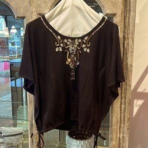 Beautiful chocolate brown open shoulder sweater with intricate beading. Size M.